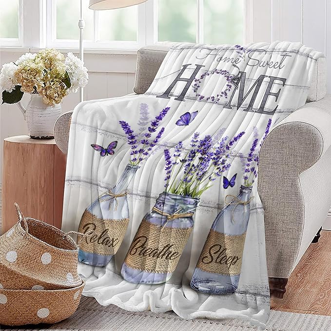 Farmhouse Floral Blanket for Women Girls Ultra Soft Cozy Lavender Flower Throw Blanket Fleece Fuzzy Plush Bedding Blanket Purple Flower Gifts for Women Girls Kids Adults Couch Sofa 60"x50"