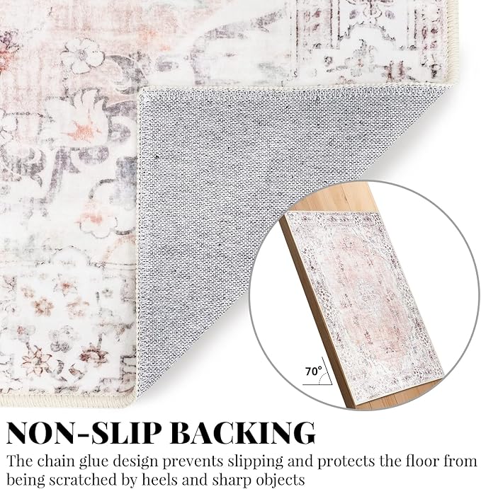 MUJOO Pink Area Rug Small Area Rugs Boho Machine Washable Rugs Non Slip for Entryway Kitchen Bathroom Bedroom Vintage Soft Low-Pile 2'x3' Flowers