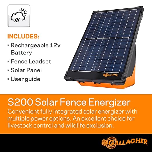 Gallagher S200 Solar Electric Fence Charger | 2.0 Joule Solar Powered Fence Energizer | Two Power Modes for Wildlife Deterrence and Livestock Containment | Solar Batteries and Leadsets Included