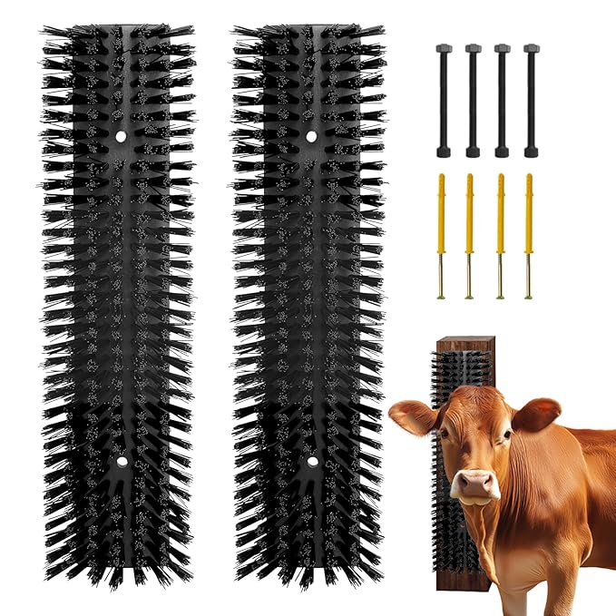 Livestock Scratch Brush With 8 Screws，Animal Back Scratching Brush for Cow,Cattle,Sheep, Horses,Pigs，Massage Grooming Tool (Black, 2pcs)