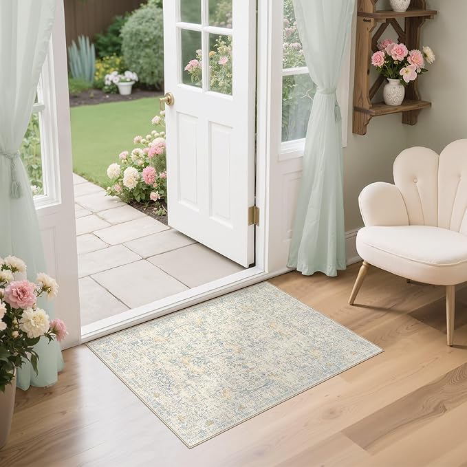 2x3 Area Rug Living Room Rugs - Washable Boho Vintage Floral Large Soft Non Slip Thin Rug Low Pile Carpet for Bedroom Dining Room Kids Playroom Office Decor Indoor- Light Blue