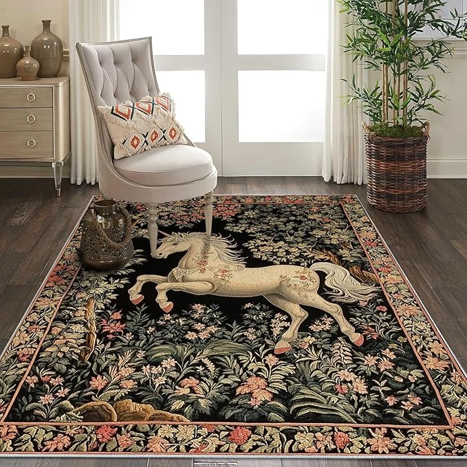 8x10 Unicorn Area Rugs Boho Floral Botanical Rug for Living Room Indoor Soft Non-Slip Thin Vintage Large Carpet Black Rugs for Bedroom Home Decor Under Table Washable Machine
