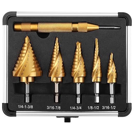 COMOWARE 5PCS Titanium HSS Step Drill Bit Set with 1/4" Hex Shank, Automatic Center Punch, Two Spiral Flute Impact Design, Ideal for Metal, Stainless Steel, Wood, Plastic