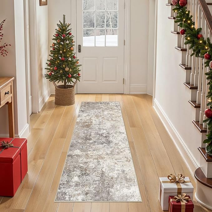 2X6 Washable Runner Rug for Hallway: Soft Neutral Modern Abstract Area Rug - Non-Slip Low Pile Long Throw Indoor Carpet for Kitchen Entryway Kitchen Bedroom Laundry Bathroom - Brown Grey