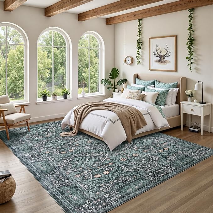 Washable Rug 5x7 Area Rug,Retro Green Living Room Rug for Entryway Bedroom Farmhouse Nursery Home Office，Low Pile Stain & Slip Resistant Large Carpet for Bedroom