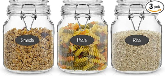 JoyJolt Airtight Glass Jars with Lids Set of 3. 32oz Glass Jar with Lid and 6 Silicone Seals! Med Glass Food Storage Containers. Square Mason Jar, Candy Jar, Sugar Jar, Pasta Containers for Pantry