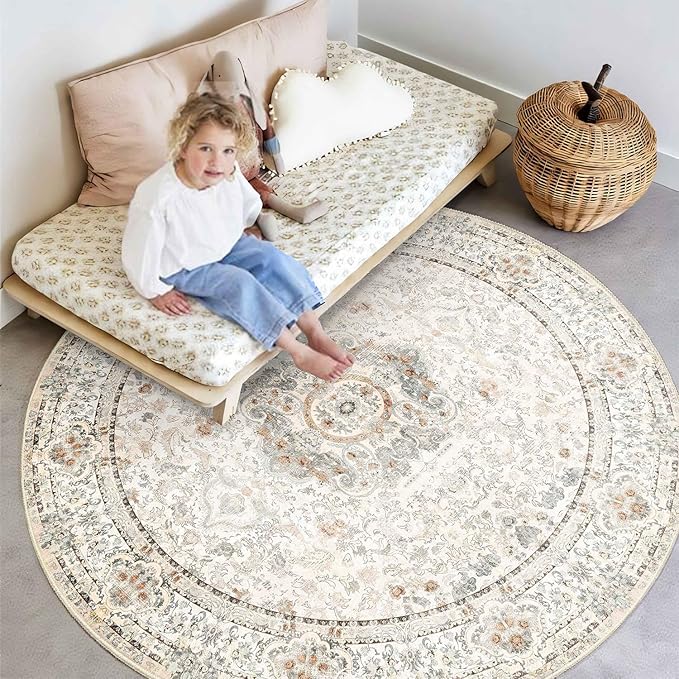 Boho Round Rug 6ft,Washable Circle Area Rugs for Bedroom Living Room,Beige Vintage Bohemian Distressed Oriental Floral Carpet Non Slip