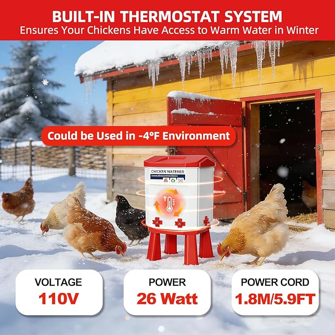 3-Gallon Heated Chicken Waterer Freeze-Proof Poultry Waterer with Heater and 4 Nipples, Easy-Fill Design, Low Maintenance for Winter, Ideal for Chickens, Ducks & Quail (Red, 12L)