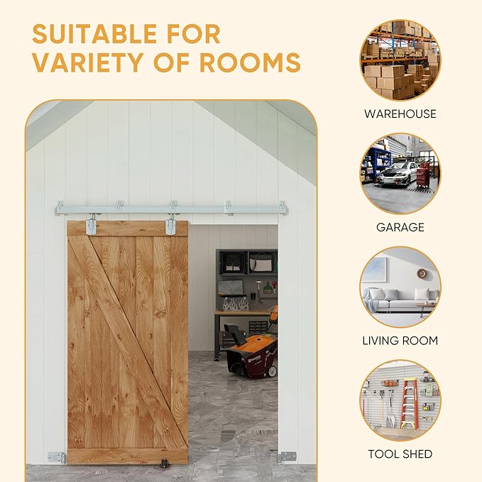 JUBEST 7.5FT Box Rail Exterior Barn Door Hardware Kit, Heavy-Duty Silver Sliding Barn Door Track System, Wall Mount Door Hardware Kits (Door Not Included)