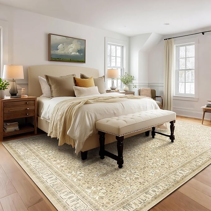 Warm Beige 9x12 Living Room Rug, Large Area Rug Washable Non Slip Low Pile Ultra Thin, Neutral Boho Floral Moroccan Pattern Printed Carpet Rug for Bedroom Dining Room