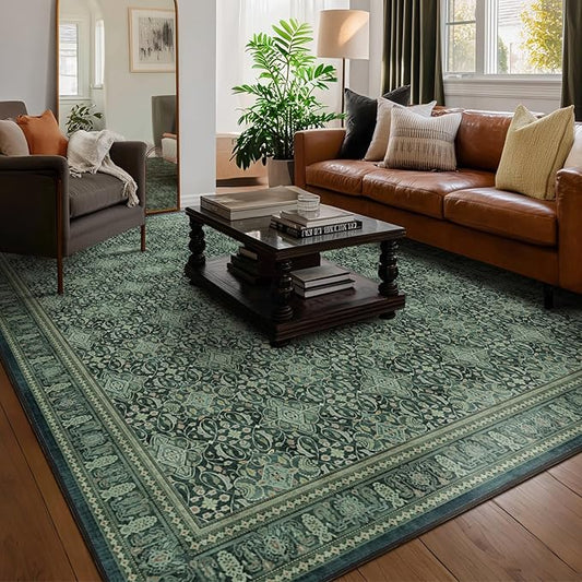 Dark Green Vintage Living Room Rug 9x12, Boho Floral Moroccan Pattern Printed Large Area Rugs for Bedroom, Washable Non Slip Low Pile Thin Carpet Rug for Dining Room Under Table