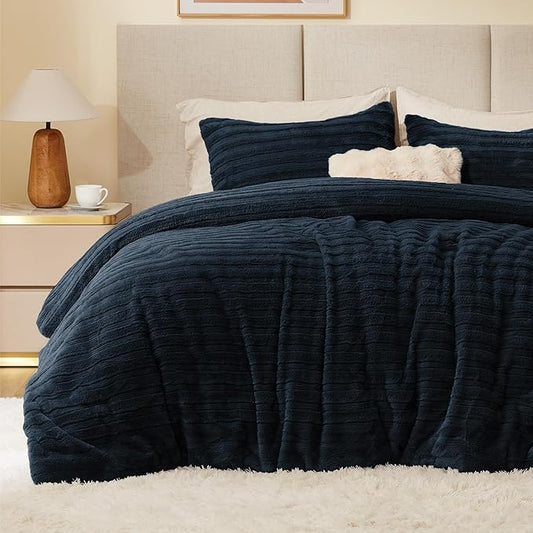BEDELITE Fleece Twin Comforter Set -Super Soft & Warm Fluffy Navy Faux Fur Bedding, Luxury Fuzzy Heavy Bed Set for Winter with 1 Pillow case