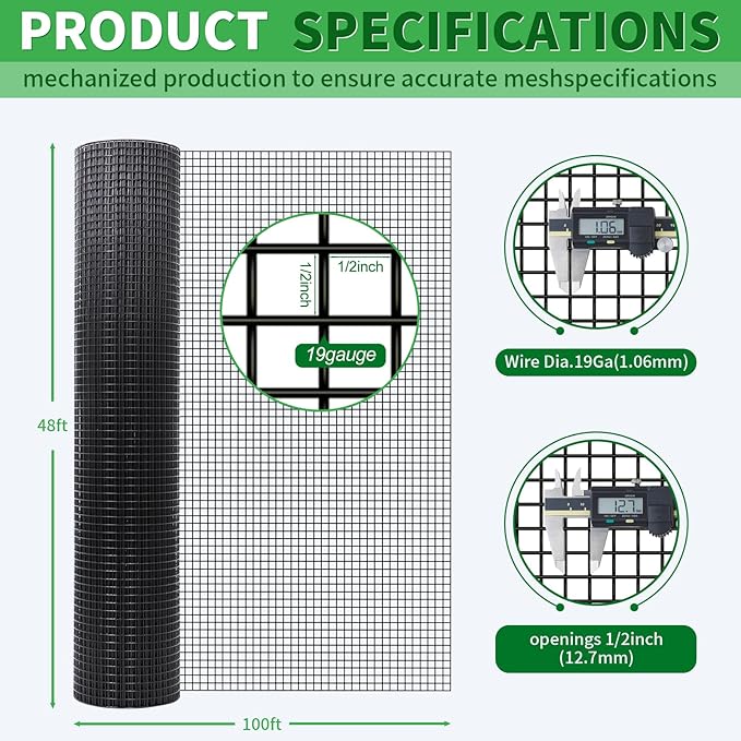 Black Hardware Cloth 19 Gauge 1/2 inch 48 inch x 100 Foot Chicken Wire Fenceing Roll PVC Coated Wire Mesh Vinyl Coated Fence for Chicken Coop Garden Fencing Rat Wire Mesh