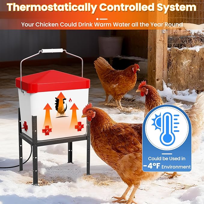 Heated Chicken Waterer for Winter, 1.9 Gallon Poultry Water Heater with 4 Horizontal Nipples, Thermostatically Controlled, 3 Adjustable Heights, Anti-Freezing Watering System for Coop