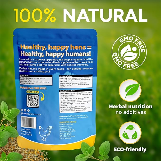 Herb Supplement for Backyard Chickens - Natural Chicken Treats, Poultry Feed Botanical Mix, Plant-Based Coop Snacks for Daily Wellness, Feather Quality, Egg Production, USA (12 oz)