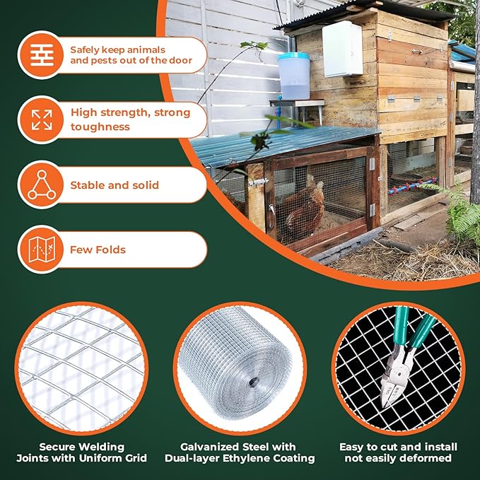 1/2'' 48'' X 100' Hardware Cloth, Chicken Wire Fencing Double Layer Hot Dip Galvanized, Wire Mesh Fence Chicken Rabbit Snake Cage Wire Fence Mesh Roll, for Chicken Coops, Fencing, Garden Protection