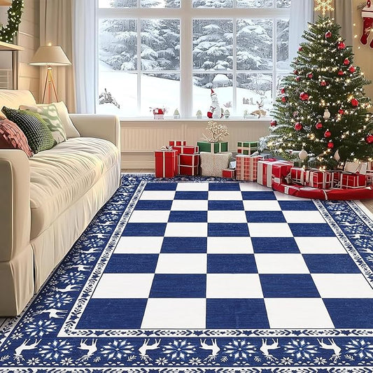 GarveeHome Blue Area Rugs 9x12 Living Room, Washable Rug for Christmas Decor, Indoor Non Slip Carpet, Checkered Soft Low Pile Christmas Rug for Bedroom, Dining Room