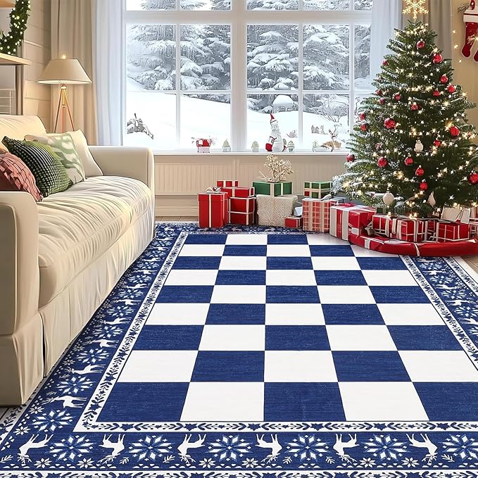 GarveeHome Blue 8x10 Area Rugs for Living Room, Washable Rug for Christmas Decor, Indoor Non Slip Carpet, Checkered Soft Low Pile Christmas Rug for Bedroom, Dining Room