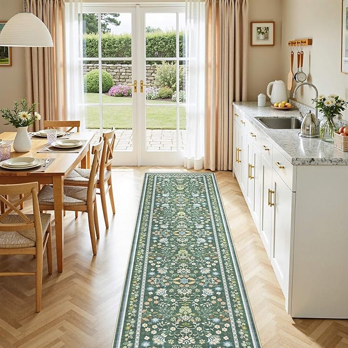 Runner Rug for Hallways Kitchen: 2x8 Washable Area Rug Boho Floral Soft Long Rug - Non-Slip Low Pile Throw Indoor Carpet for Entryway Kitchen Bedroom Laundry Bathroom - Green