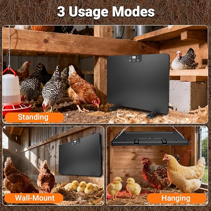 200W Chicken Coop Heater with Tip-Over & Overheat Protection | Auto Timer, 3-Way Mount & Waterproof Cord | Safe, Energy-Efficient Heating for Chicks, Poultry & Pets