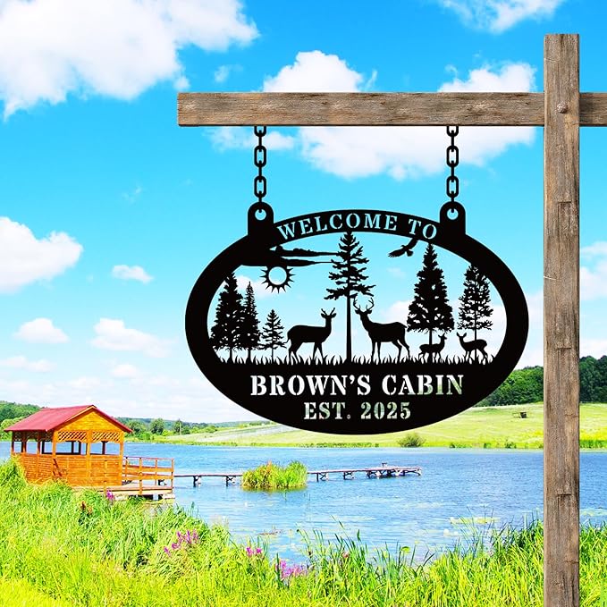 Custom Metal Lake House Cabin Sign，Personalized Oval Deer Metal Cabin Decor ，Custom Family Name Sign, Camping Signs，Outdoor Decor，Happy Campers Gift - Rustic Lake House Decor