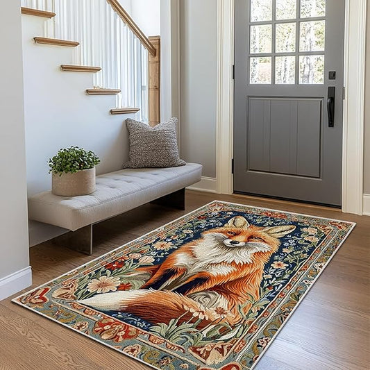 3x5 Fox Area Rugs Boho Floral Flower Rug for Bathroom Kitchen Entryway Indoor Soft Non-Slip Thin Hippie Carpet Small Doormat for Office Dining Room Under Table Washable Machine