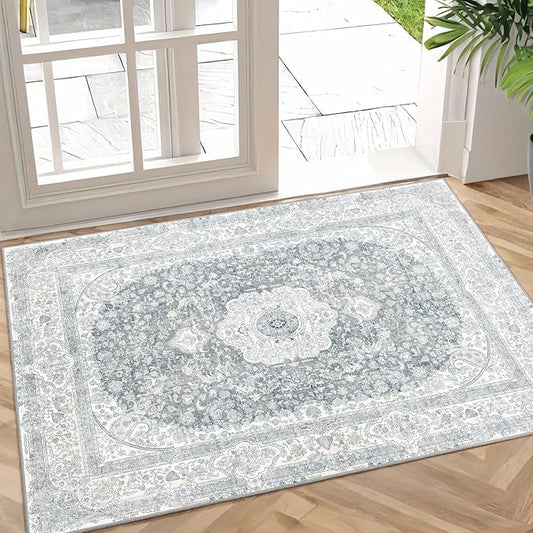Small Rugs 2x3,Grey Rug for Entryway Bathroom Bedroom Kitchen Entrance Doormat,Boho Vintage Bohemian Distressed Washable Accent Floor Throw Carpet Non Slip,Floral