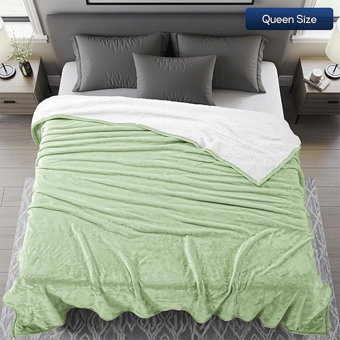 Utopia Bedding Sherpa Blanket Queen Size (Sage Green, 90x90 Inches) - Soft Lightweight Plush Fleece Reversible Blanket for Bed, Sofa, Couch, Camping and Travel