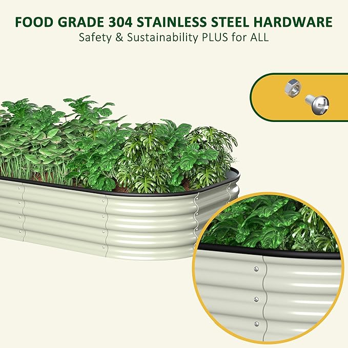 MUPATER 6x3x1FT Galvanized Raised Garden Beds, 11”H Metal Planter Box for Outdoor Plants, Oval Many-in-1 Modular Garden Bed Kit for Herbs and Flowers, Garden, Beige