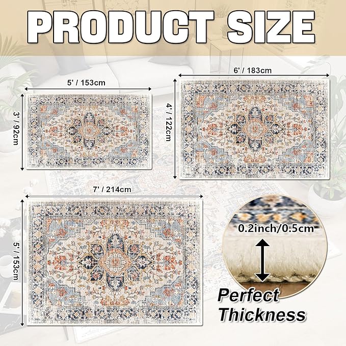 Area Rugs Washable Non-Slip, Floral Vintage Distress Print Pattern Medallion Carpet for Living Room Bedroom Dining Room, Beige Navy Blue Orange Colorful (Blue, 5' x 7')
