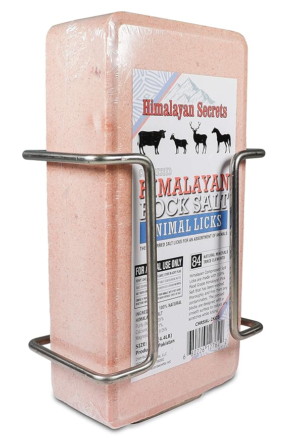 Himalayan Secrets Compressed Pink Salt Lick Brick with Holder for Livestock & Wildlife, Pure & Natural Feed Salt Block, Minerals & Trace Elements, No Additives, Durable & Long Lasting, 4.4LB (2KG)