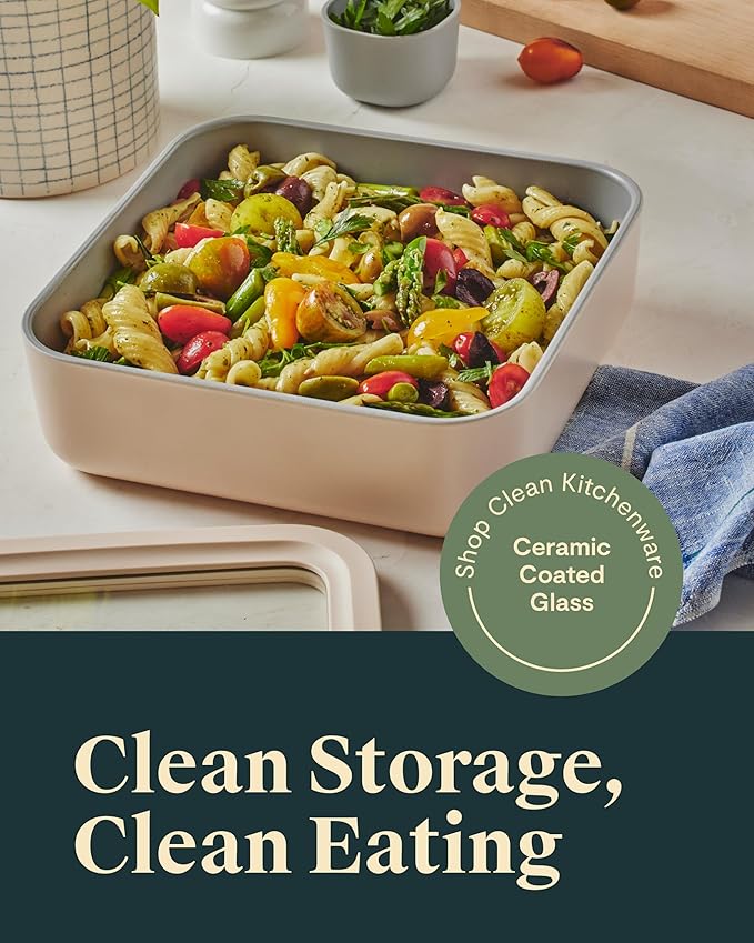 Caraway Glass Food Storage - 10 Cup Glass Container - Ceramic Coated Food Container - Non Stick Lunch Box with Lids - Dishwasher, Oven, & Microwave Safe - Square Shape - Gray