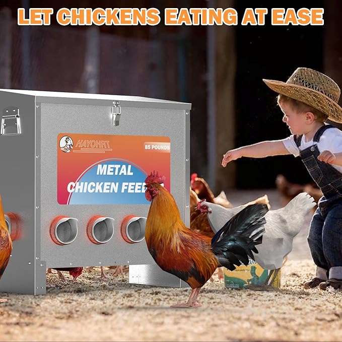 85 Pounds Automatic Chicken Feeder 6 Ports Large Gravity Fed Chicken Feeder with Latch & Handle for Chickens Bantams Pheasants Poultry Coop Weatherproof