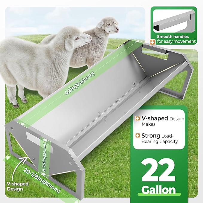 Livestock Feeding Trough 22 Gallon Capacity 45" Hay Feeder Heavy Duty Livestock Trough for Horse Sheep Cattle Hog V-Shaped Farm Sheds Pen Water Feeder Trough Powder Coated Silvery Steel