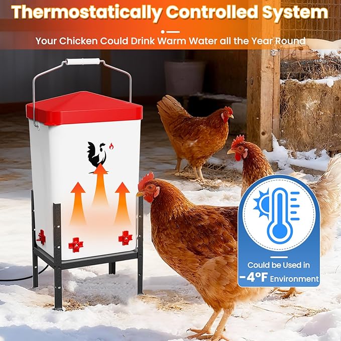 Heated Chicken Waterer for Winter, 3.2 Gallon Poultry Water Heater with 4 Horizontal Nipples, Thermostatically Controlled, 4 Adjustable Heights, Anti-Freezing Watering System for Coop