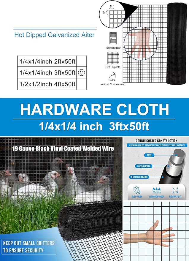 Hardware Cloth for Chicken Wire Fencing-1/4in Mesh AWG 19 Gauge 36in x 50ft Black Vinyl Coated Galvanized Welded Wire Mesh Roll-Poultry Netting, Rabbit Cages, Snake Barrier, Garden Fencing