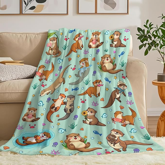 Otter Blanket Ultra Soft Flannel Sea Otters Throw Blanket Otters Birthday Bedding Decor Gifts for Kids Girls Boys Adults 60" x 50"