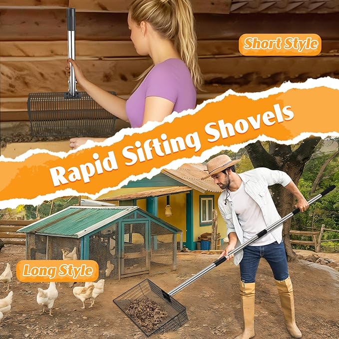 CAROD 15"-Large Thickened Chicken Poop Scooper, 24 to 68" Adjustable Chicken Coop Scoop for Poop with Stainless Steel Handle, Litter Scooper Sifting Shovel Chicken Coop Accessories