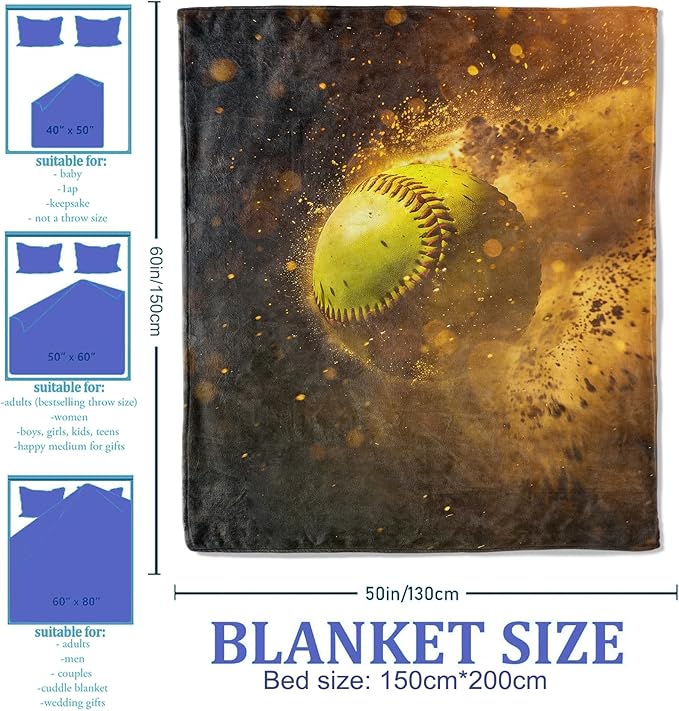 Softball Throw Blanket 40"x50", Sports-Themed Blankets for Game Room Bedroom Decor, Soft Flannel Polyester Warm Cozy Gifts for Kids Adults