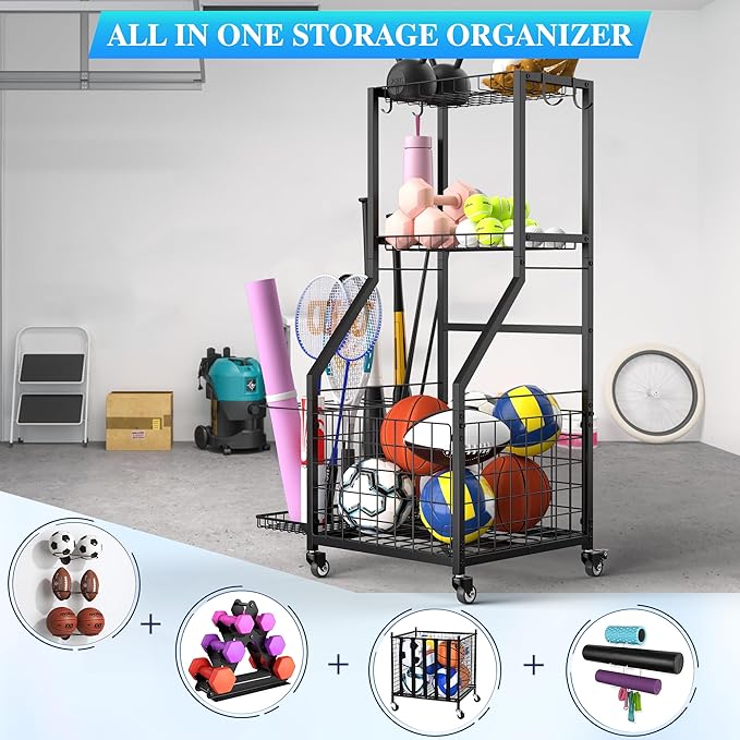 Sports Equipment Garage Organizer,Garage Ball Storage Rack for Sports with Wheels-Upgraded 3 Layers Sports Organizer Rack Outdoor Basketball Racks for Balls with Holder and Hooks
