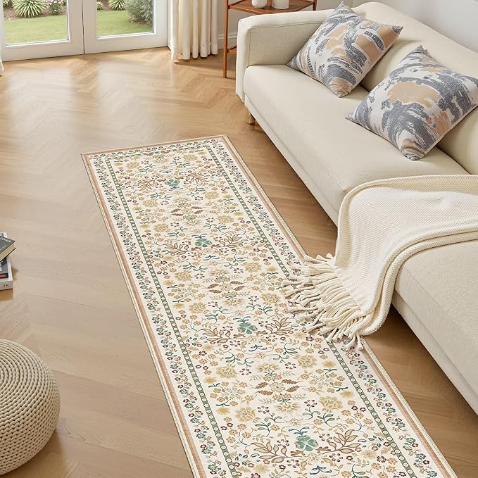 Runner Rug for Hallways Kitchen: 2x8 Washable Area Rug Boho Floral Soft Long Rug - Non-Slip Low Pile Throw Indoor Carpet for Entryway Kitchen Bedroom Laundry Bathroom - Brown