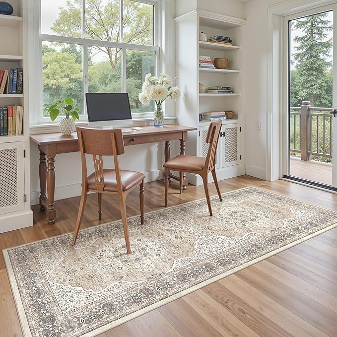 Washable Rug 3x8 Hallway Runner Rug-for Entryway Bedroom Kitchen Room Corridor Decor -Stain & Fade Resistant Non Slip Backing Carpet,Ultra-Thin Vintage Long Carpets(Camel/Beige)
