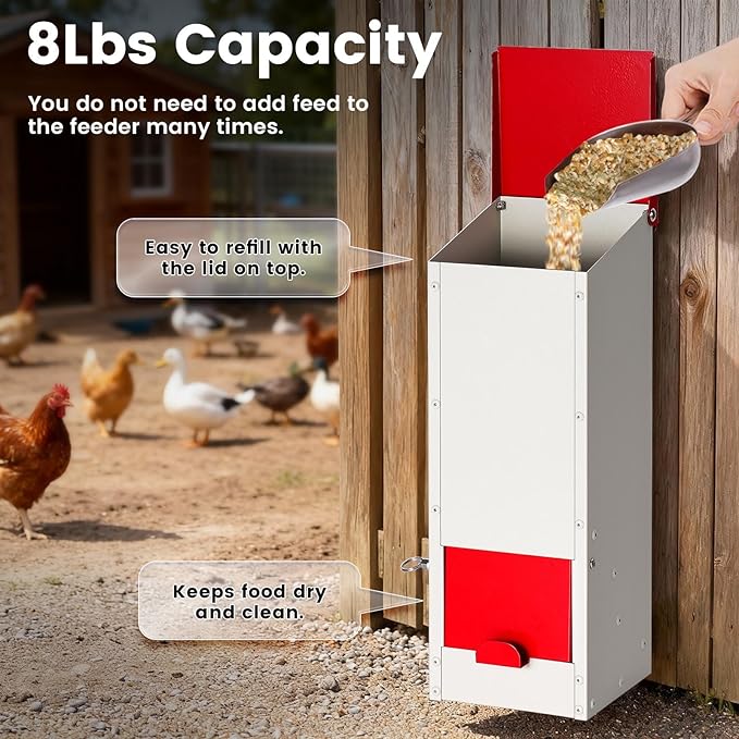 8Lbs Metal Chicken Feeder with Lockable Feed Door, Hanging Chicken Feeders No Waste Automatic Gravity Poultry Chick Bird Quail Feeder