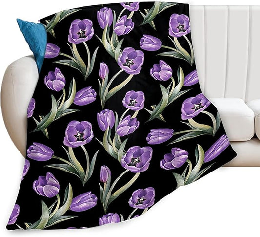 Purple Tulip Blanket Flower Gifts for Girls Women Tulip Floral Throw Blanket for Kids Adults Soft Warm Cozy Fleece Blanket for Couch Sofa Bed 40"x50"