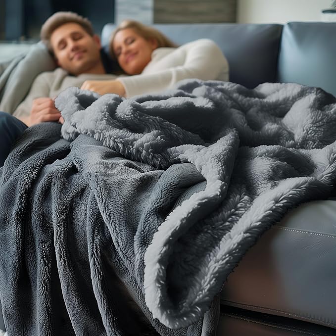 Waterproof Blanket Double Size - Sherpa Fleece Reversible Throw, Soft Warm Leak-Proof Bed & Couch Protector for Kids, Pets & Everyday Spills (Charcoal Grey/Silver Grey, 85x90)