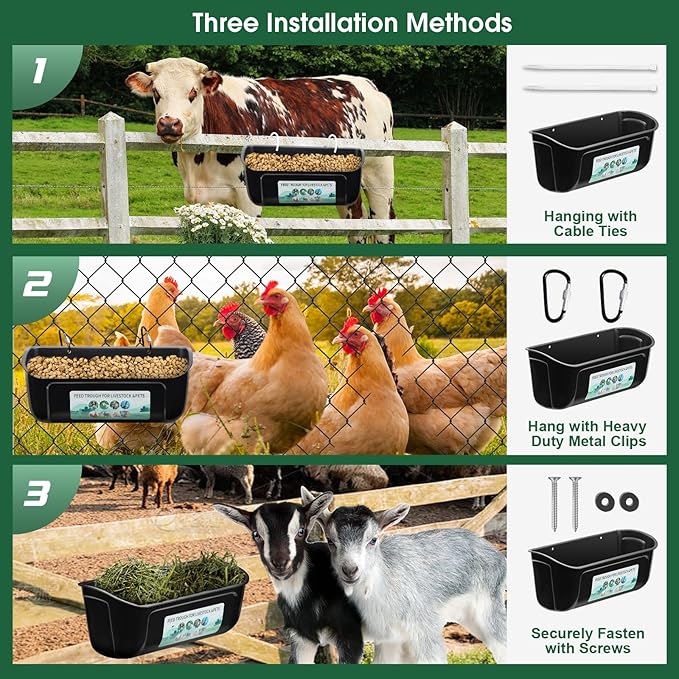 6 Pack Chicken Duck Feeder, Poultry Feeders and Waterers, Hanging Goat Feeder, Livestock Feeding Container, Feed Trough and Waterer Bucket with Clips(Black)