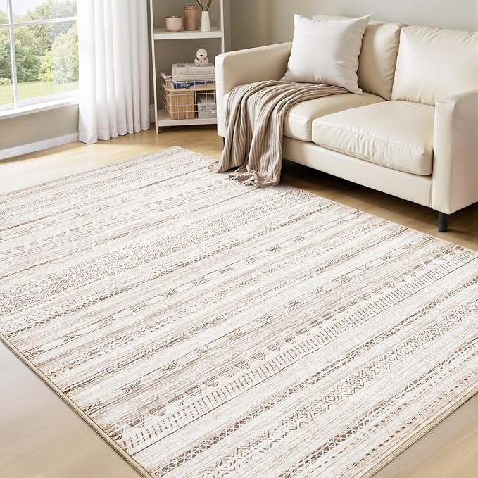 4x6 Area Rugs for Living Room Machine Washable Rug Distressed Indoor Carpet Neutral Moroccan Boho Rug Ultra Soft Area Rug for Bedroom Dining Room Playroom Office, Brown