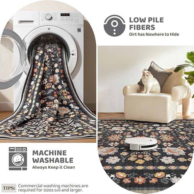 Door Mat Entrance Rug: 2x3 Washable Area Rug Boho Floral Small Rug - Non-Slip Low Pile Throw Indoor Carpet for Entryway Kitchen Front Door Bathroom Entry Kids Room - Black Grey
