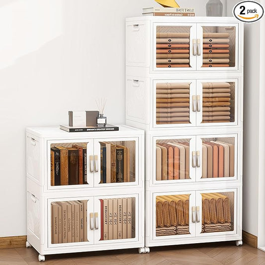 Large Clear Stackable Storage Bins with 2 Lids, Foldable Storage Cabinet for Closet Organizers and Storage, Plastic Storage Box with Wheels 597 QT