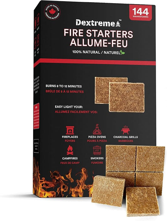Dextreme Fire Starter Pack of 144/48 Natural Fire Starters Cubes for Campfires, Charcoal, BBQ, Grill Pit, Fireplace, Wood Stoves, Smokers and Camping - Easy to Ignite and Non Toxic… (144 Squares)